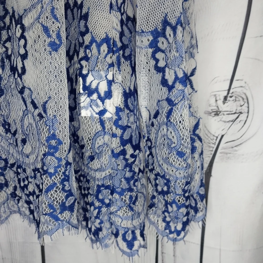 Fashion Nova Sheer Cold Shoulder Blue And White Floral Lace Romantic Top - Picture 3 of 10